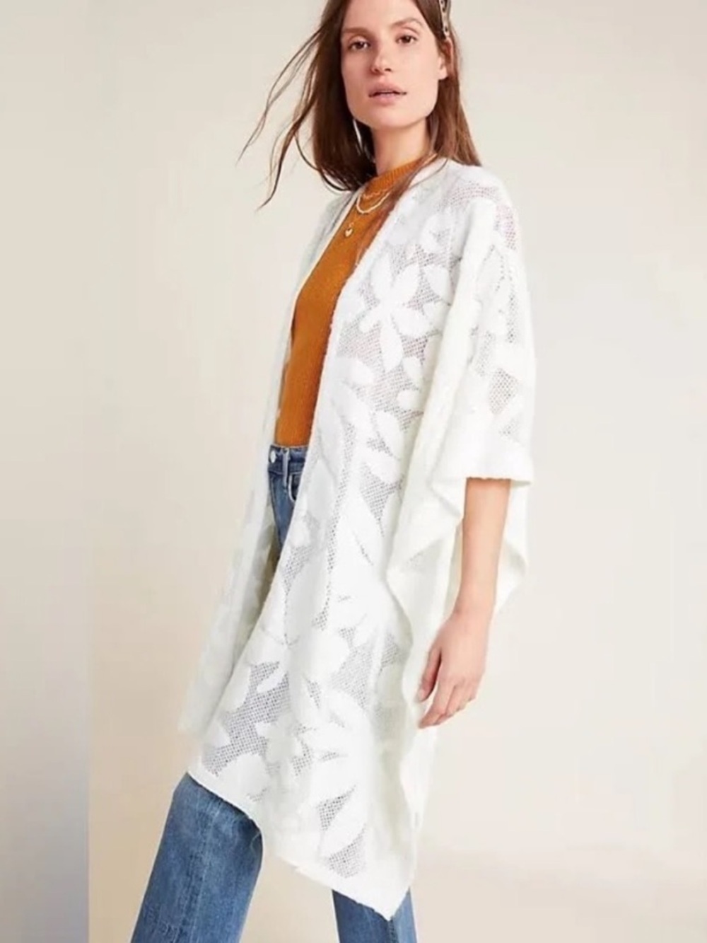 Anthropologie Akemi + Kin Women's Open Front Knit Poncho Shrug Cream One Size
